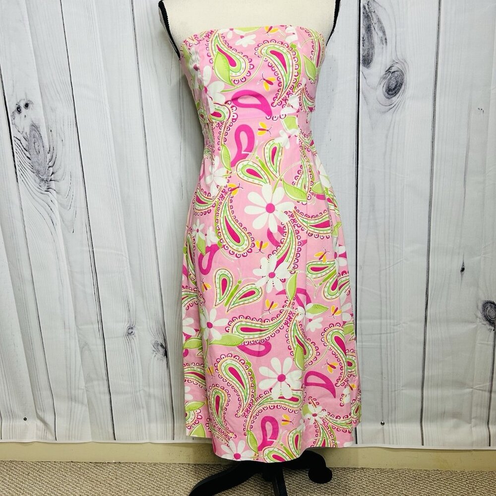 Lilly Pulitzer Strapless Tie Back Dress Green and Pink Floral Cotton Size 0